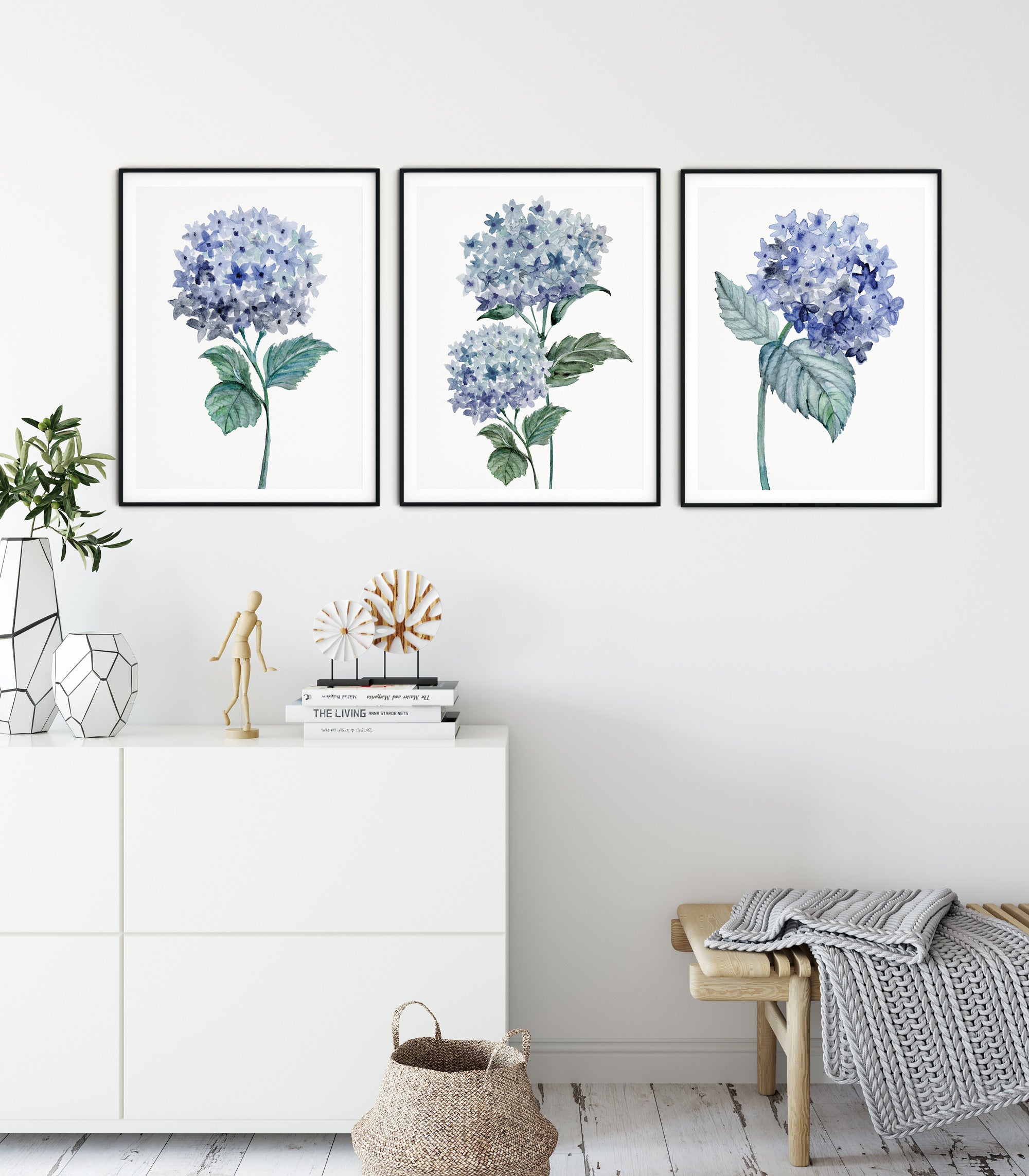 Watercolour Hydrangea Art Print, Botanical Print Set of 3 Prints, living room wall art decor