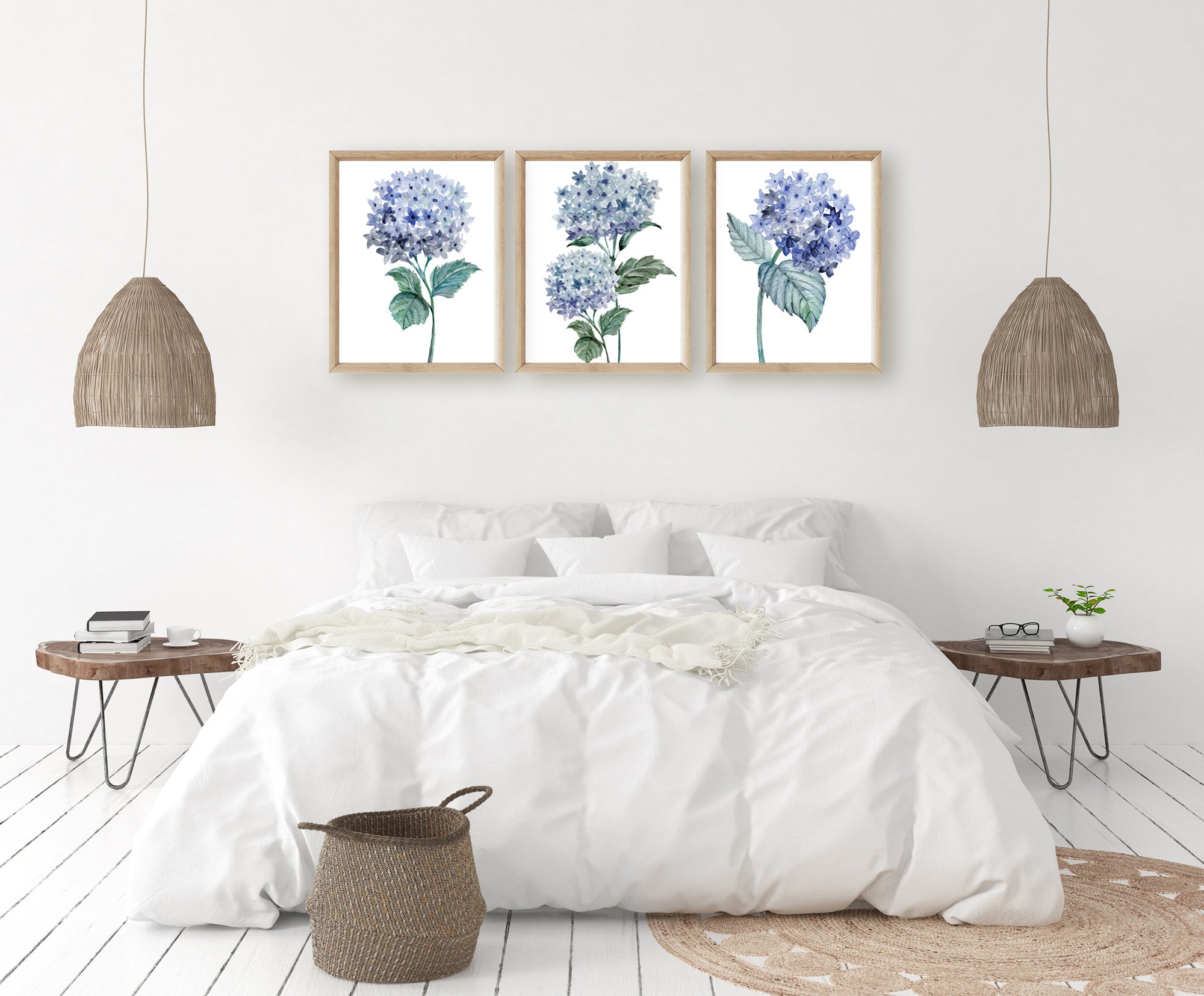 Watercolour Hydrangea Art Print, Botanical Print Set of 3 Prints, living room wall art decor