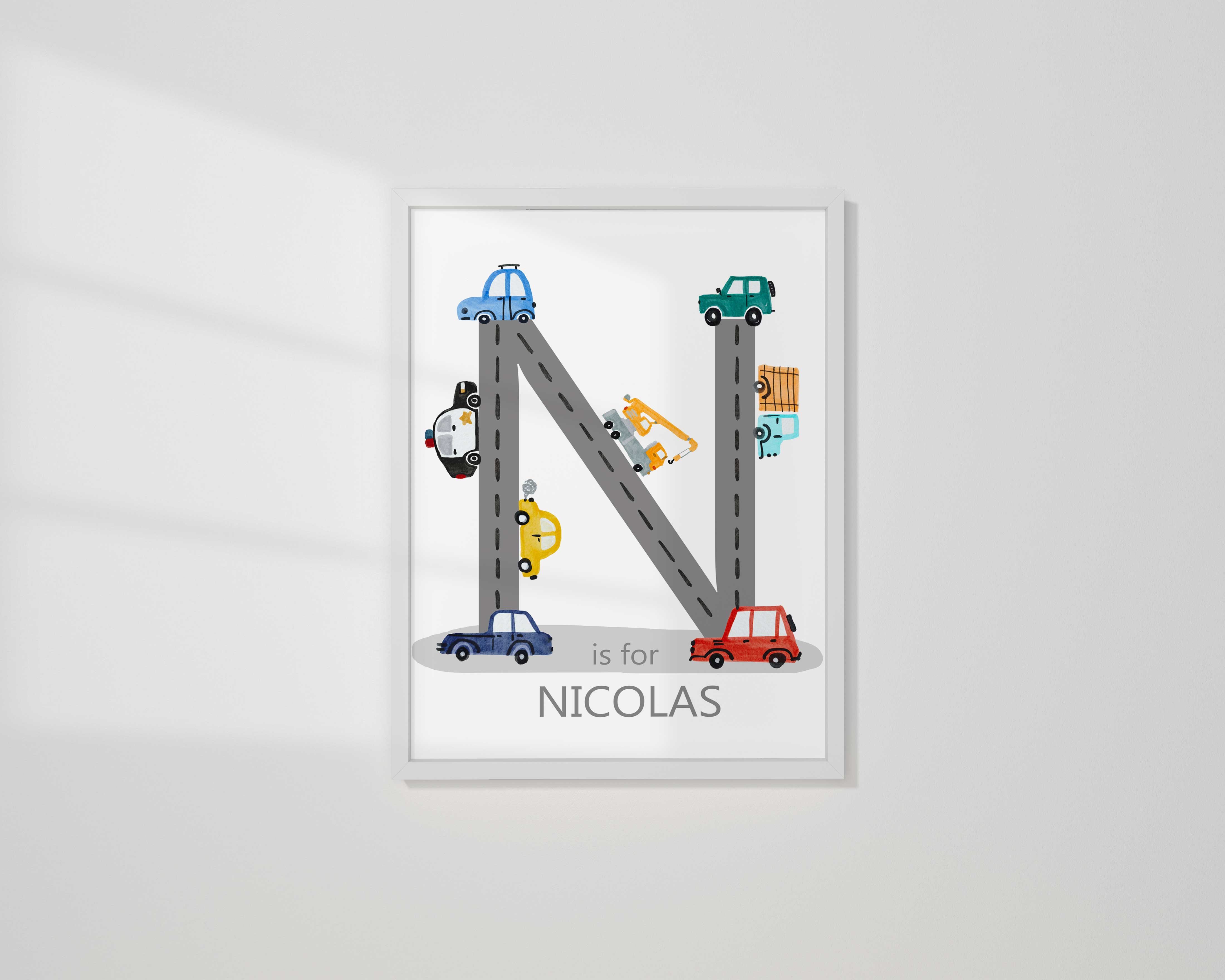 Vehicles Nursery, Name letter Art, Construction Nursery, Car Road Initial Print, Personalized Vehicle Nursery Decor, Boys Room Print