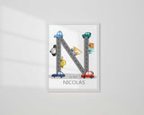 Vehicles Nursery, Name letter Art, Construction Nursery, Car Road Initial Print, Personalized Vehicle Nursery Decor, Boys Room Print
