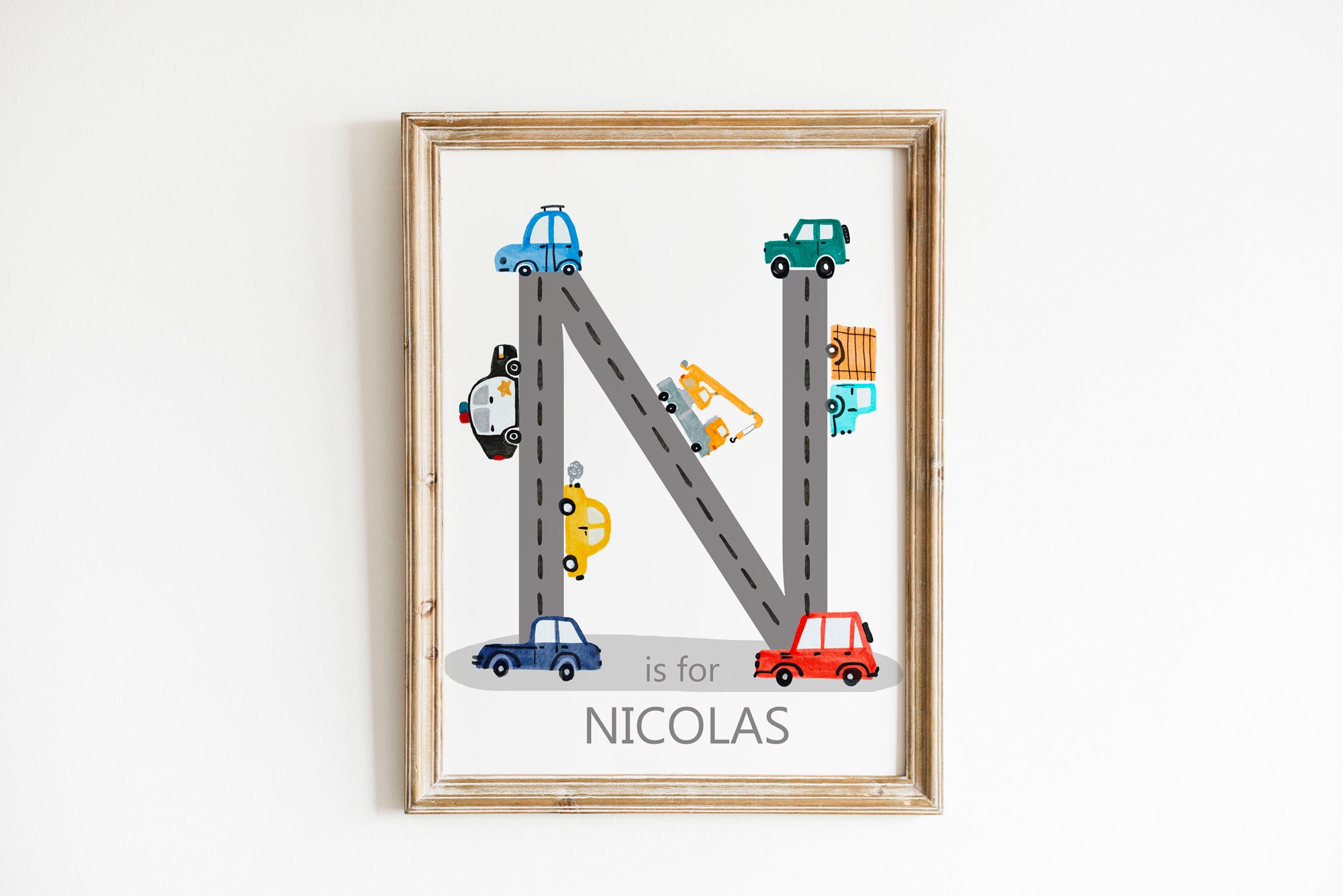 Vehicles Nursery, Name letter Art, Construction Nursery, Car Road Initial Print, Personalized Vehicle Nursery Decor, Boys Room Print
