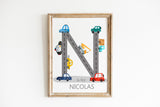 Vehicles Nursery, Name letter Art, Construction Nursery, Car Road Initial Print, Personalized Vehicle Nursery Decor, Boys Room Print