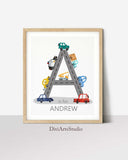Vehicles Nursery, Name letter Art, Construction Nursery, Car Road Initial Print, Personalized Vehicle Nursery Decor, Boys Room Print