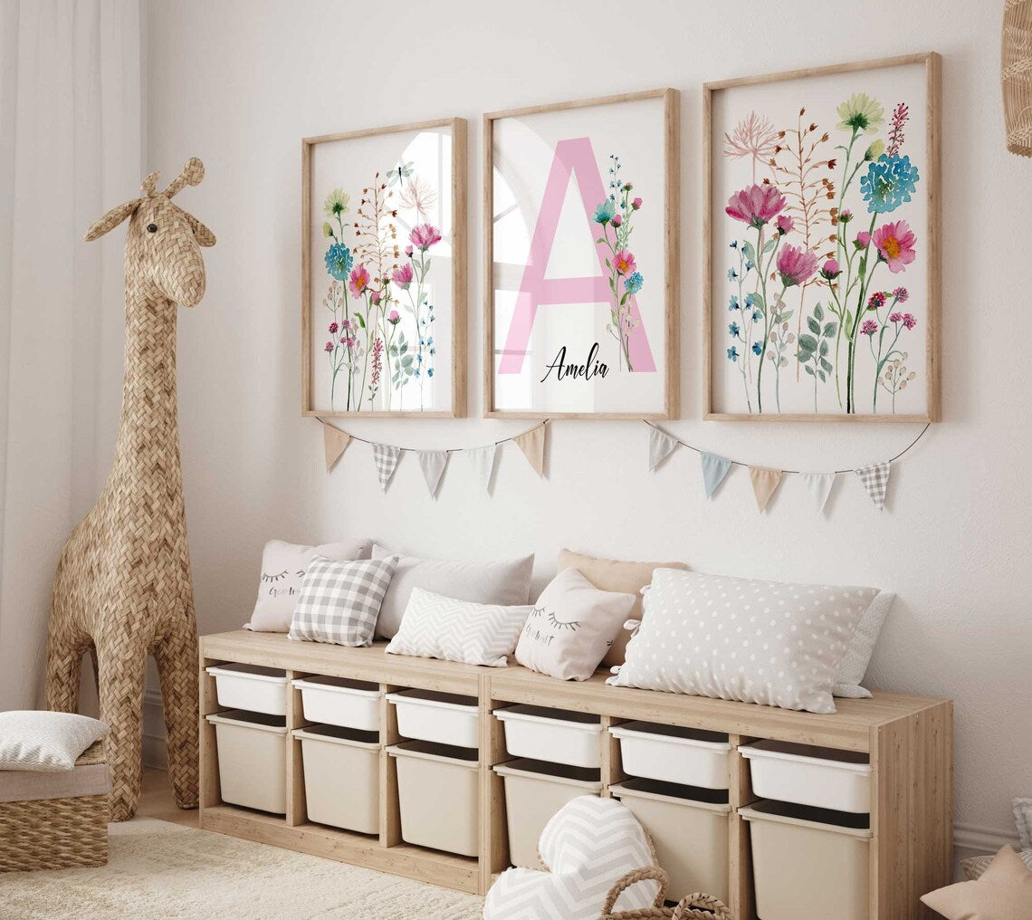 Pastel Pink Girl Nursery Decor, Custom Girl Name Print, Baby Room Decor, Floral Personalized Nursery Wall Art, Wildflowers Nursery prints
