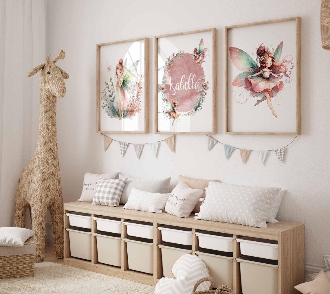 Fairy Nursery Decor, Personalized Name Girl Nursery, Fairy garden Nursery, Pink green nursery prints, Pastel fairy wall art, set of 3 Prints