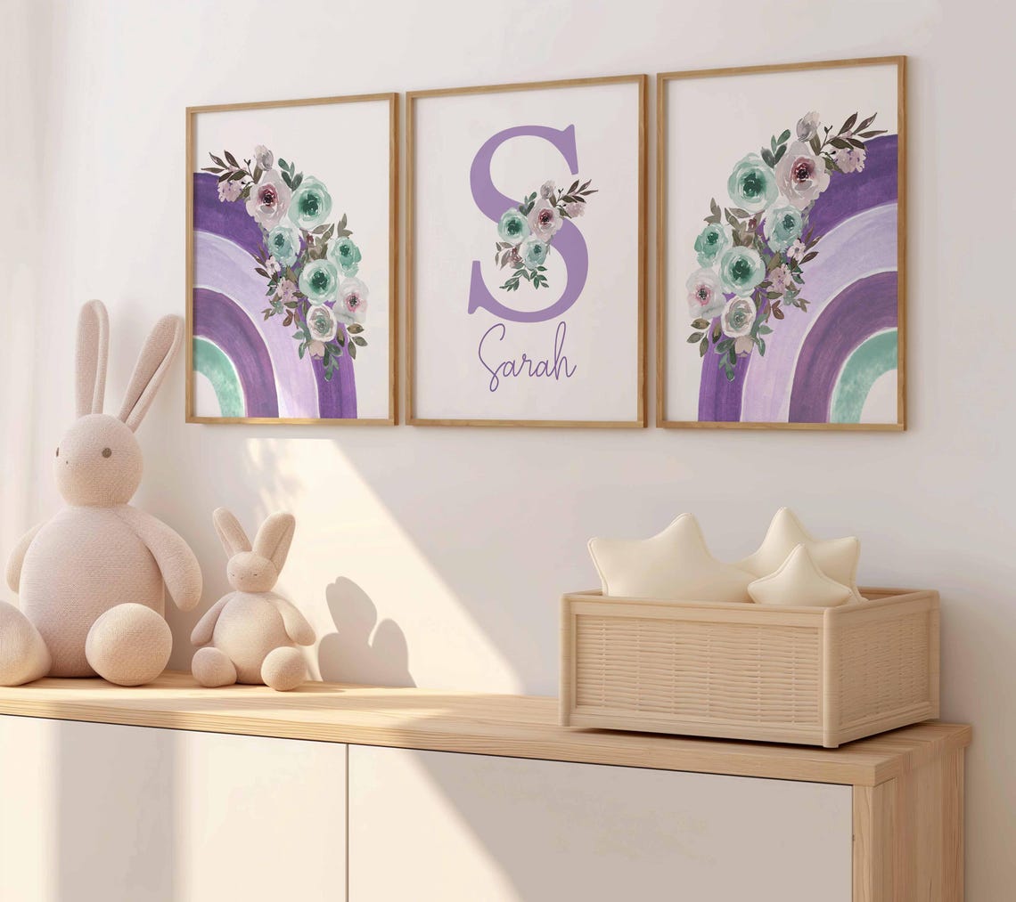 Purple Floral Nursery, Rainbow Baby Girl Nursery Prints, Lavender Nursery wall art, Personalized Baby Name Print, Custom Lilac Nursery