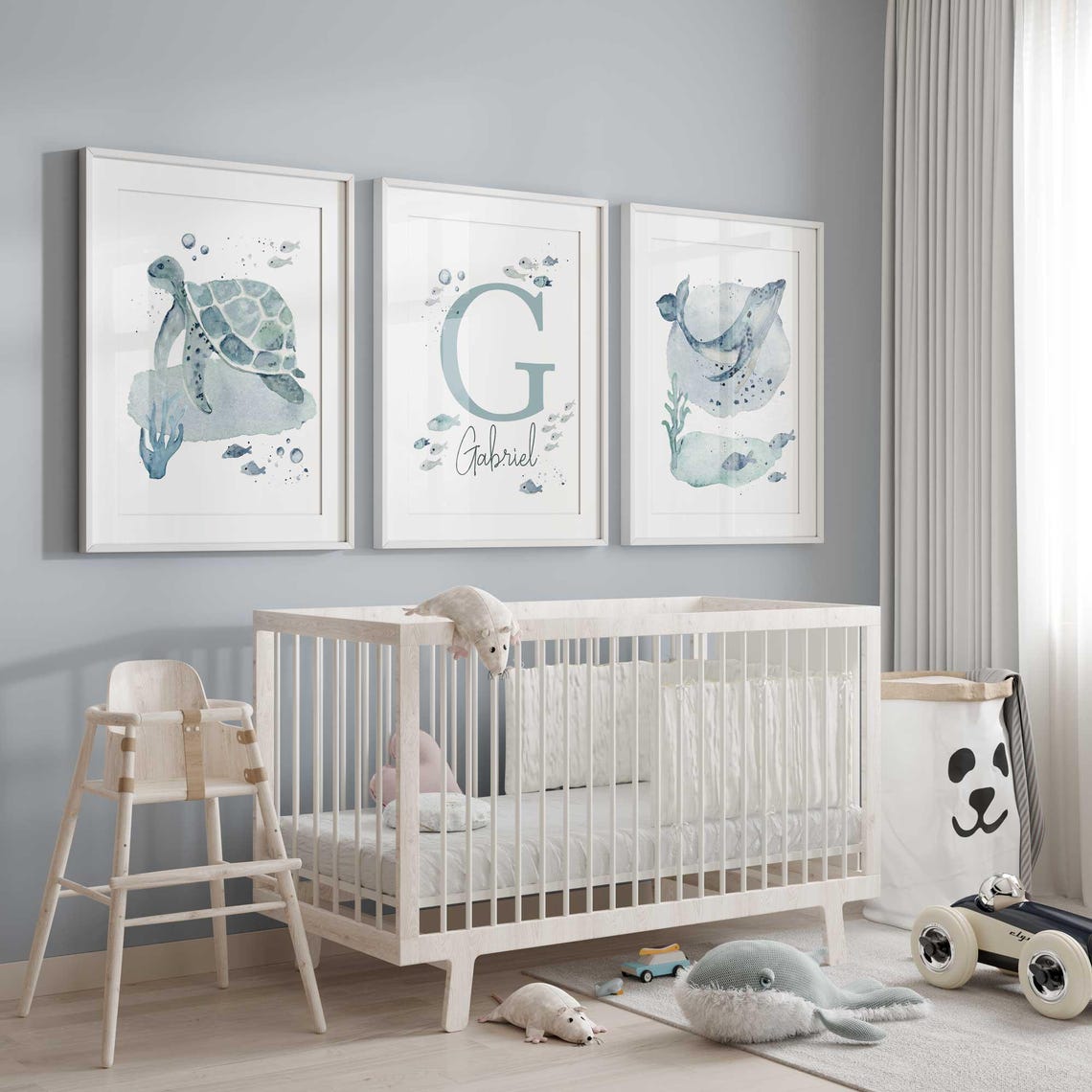 Ocean Nursery Prints, Sea Theme Boy Nursery Wall Art, Sea Animals Personalized Name Print, Whale Turtle Fish Baby Room Decor Custom Name