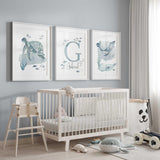 Ocean Nursery Prints, Sea Theme Boy Nursery Wall Art, Sea Animals Personalized Name Print, Whale Turtle Fish Baby Room Decor Custom Name