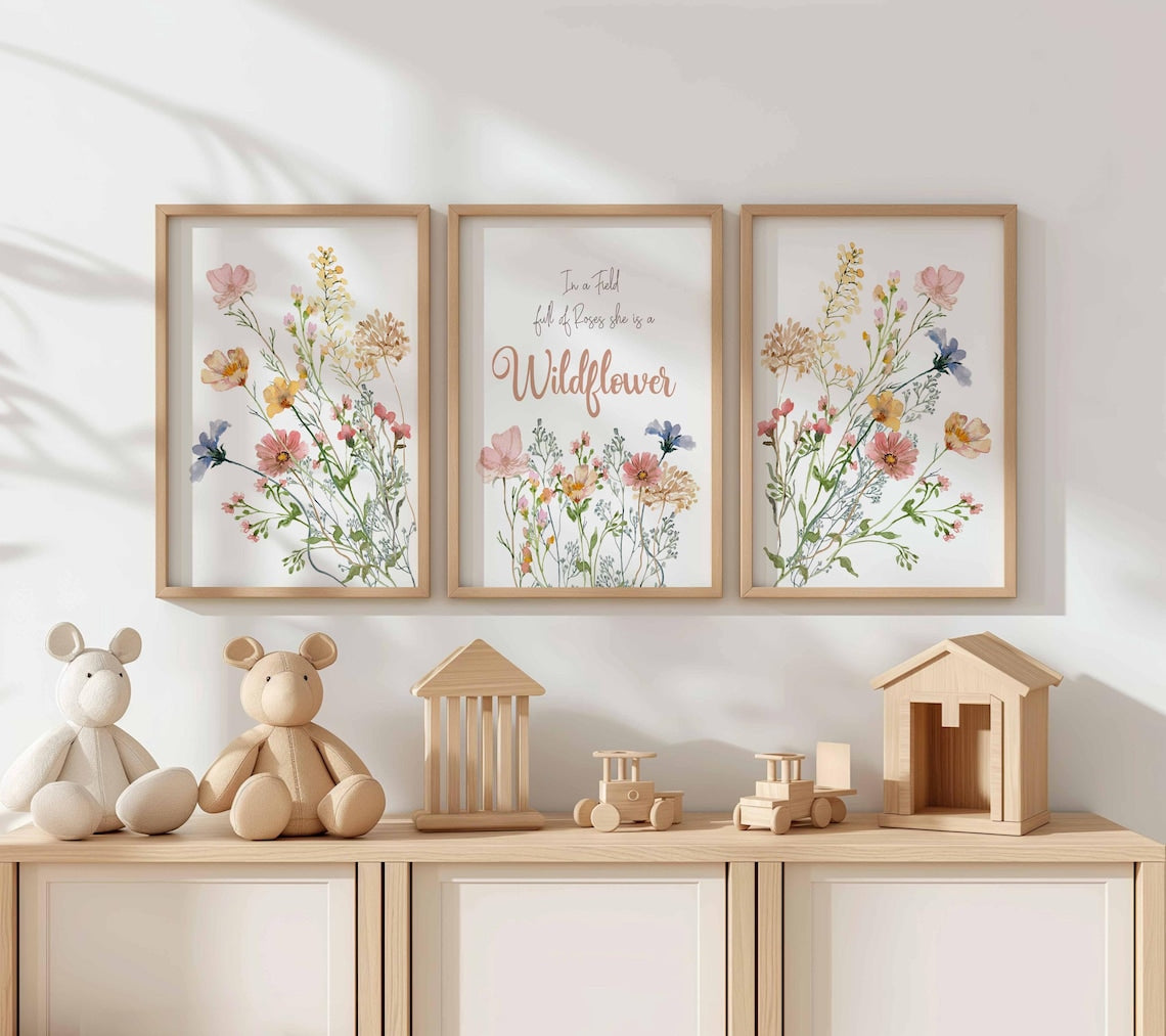 Boho Nursery Wildflower Prints, In a field of roses she is a wildflower, Nursery Meadow flowers, Girl floral Nursery Decor, Pastel Flowers