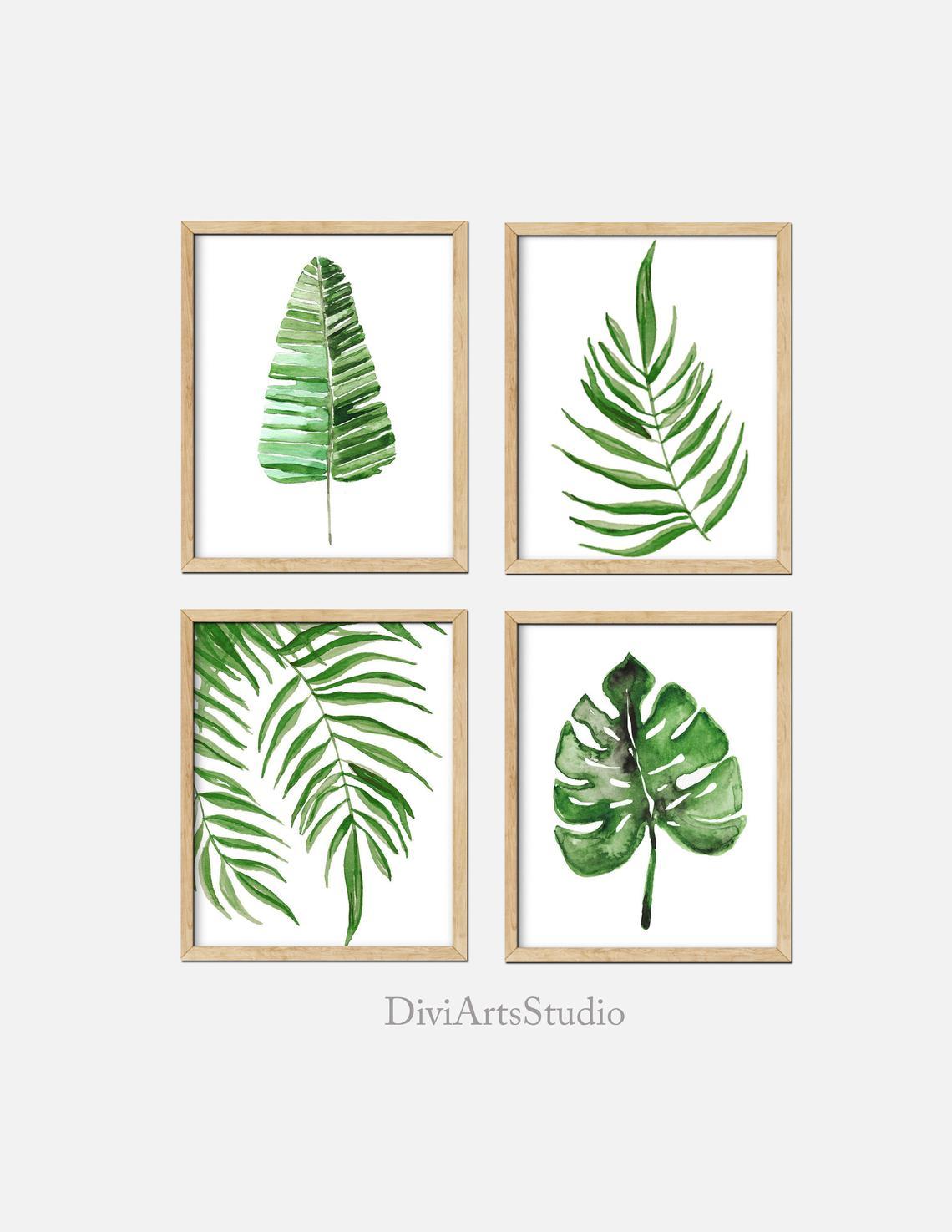 Set of 4 Tropical Leaf Wall Art, Gallery Wall Art Set