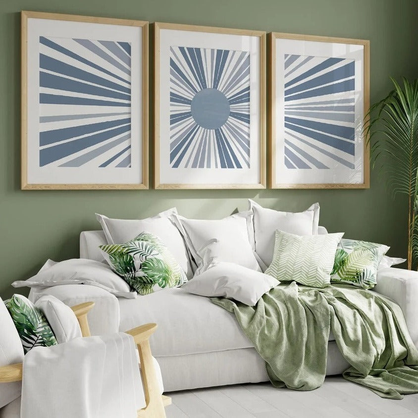 Blue Sun Wall Art, Set of 3 prints blue, Sunburst Print, Sun Print set, Bathroom Prints, Bedroom wall art, Mid Century Modern, Geometric