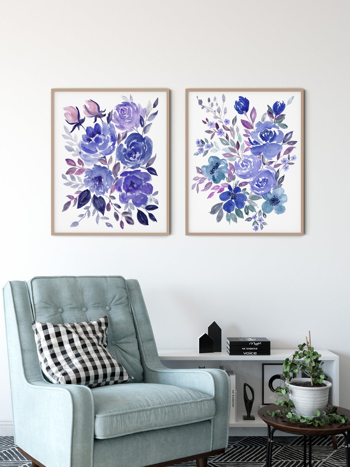 Watercolour Blue Floral Wall Art, Set of 2 Blue Floral Prints Wall Art