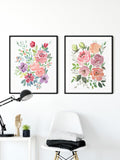 Watercolour Floral Print Roses Art, Floral Wall Art, Set of 2 Prints