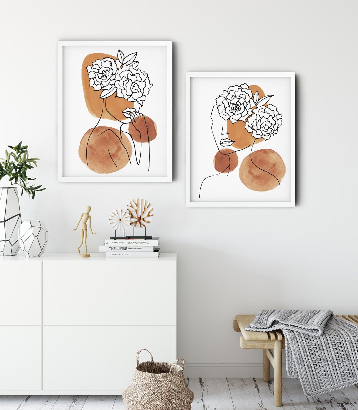 Women with head of flowers wall art, set of 2