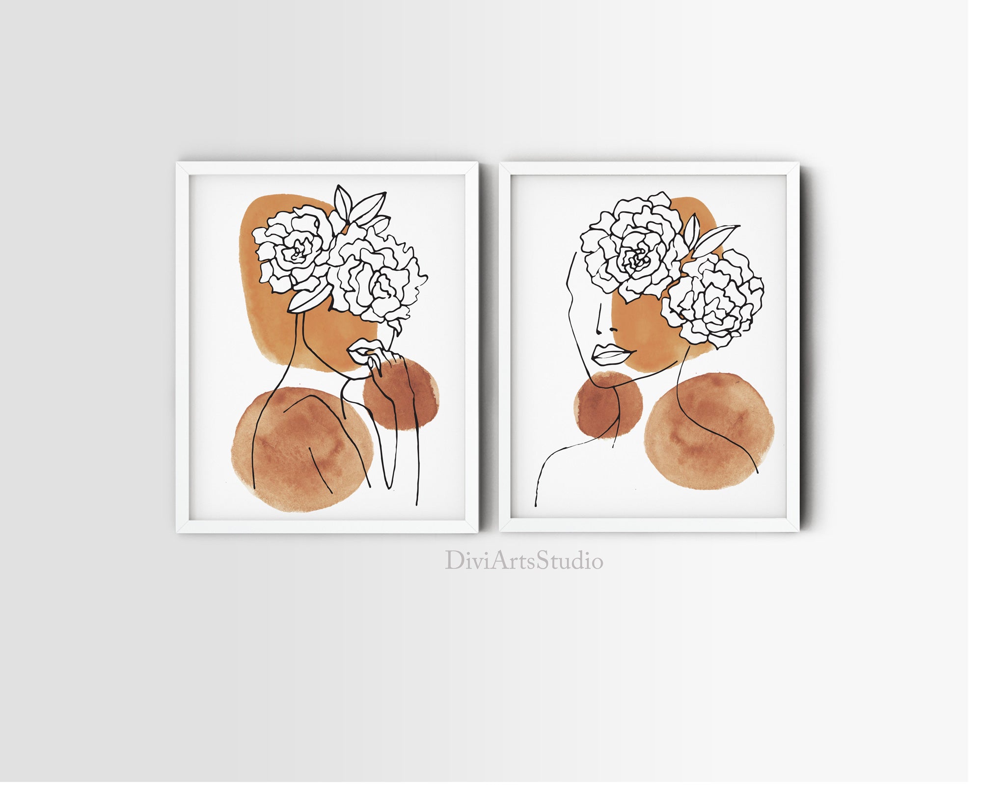 set of 2 women line art prints abstract boho