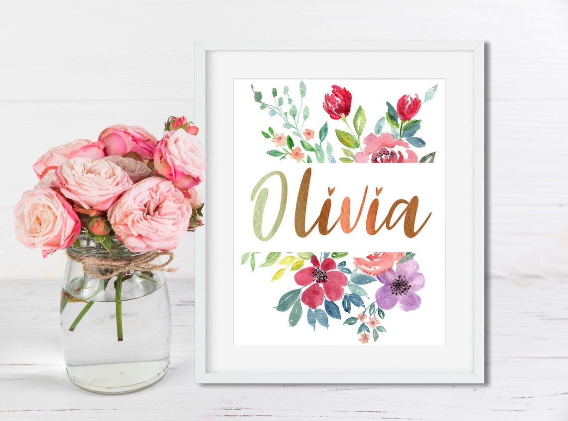 Floral Baby Name Sign, Custom Kids Name Print