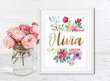 Floral Baby Name Sign, Custom Kids Name Print