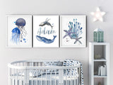 Sea Life Nursery Wall Art, Baby Name Signs for Nursery Boy, Set of 3 prints, Baby boy nursery nautical, Name Print for nursery boy