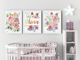 Set of 3 Custom Kids Name Print with Baby Name Print and Floral Art Wall Print