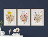 Wildflowers Print, Set of 3 Wall Art Floral, Botanical Flowers illustration, Wildflower Painting, Watercolor Meadow