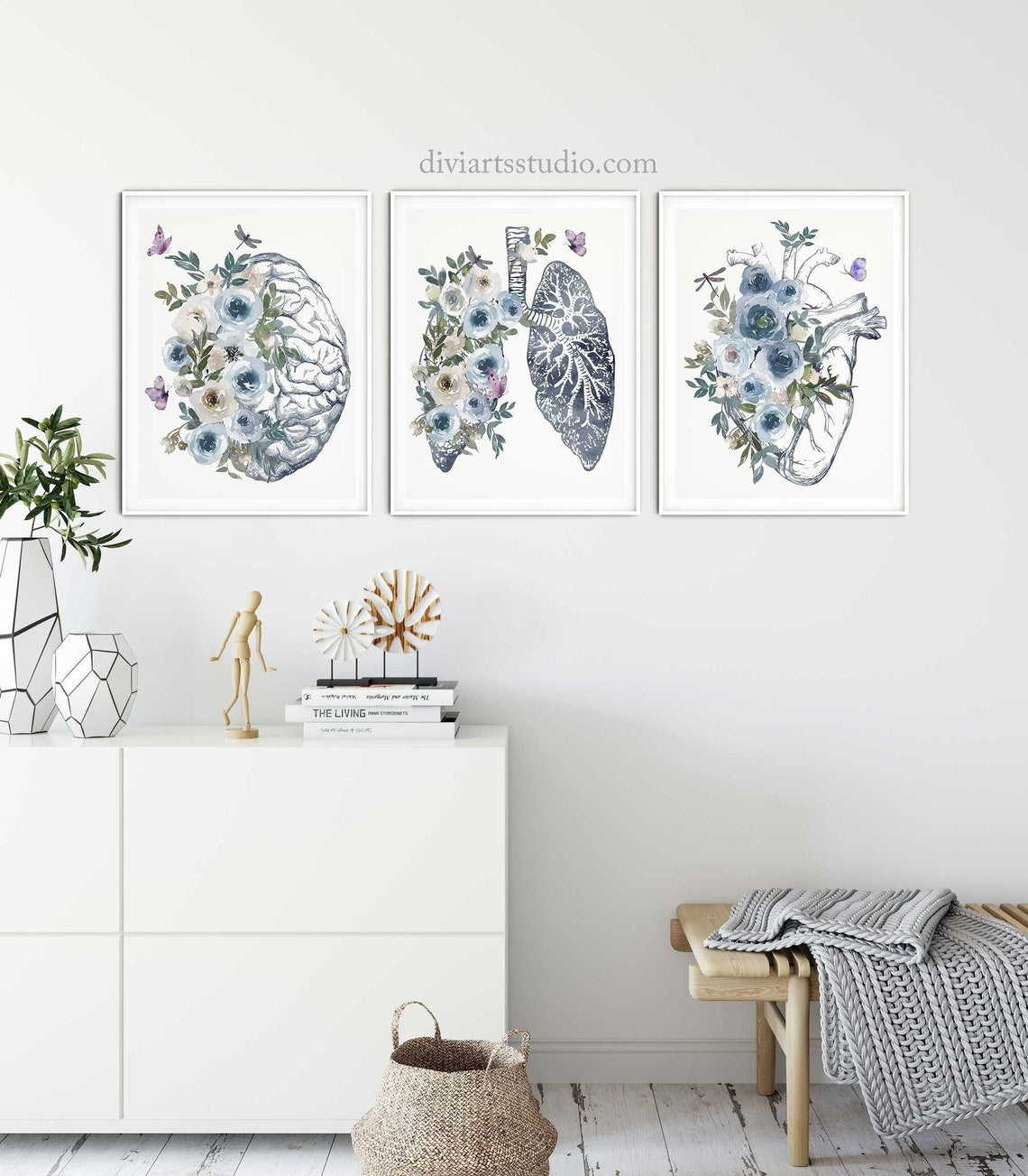 Anatomy Art, Doctor Office, Anatomy Wall Decor, Human Heart, Lungs, Brain Poster, medical student gift, Watercolor Anatomy Flowers