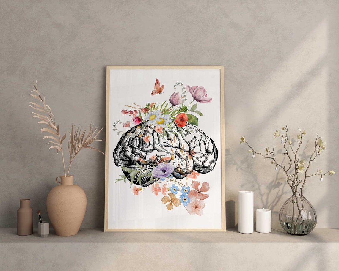 Brain Anatomy Poster, Watercolor Brain Art Flower, Psychology Student Illustration, Neurologist, Psychologist Gift, Mental Health Print