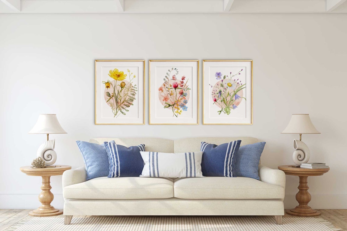 Wildflowers Print, Set of 3 Wall Art Floral, Botanical Flowers illustration, Wildflower Painting, Watercolor Meadow