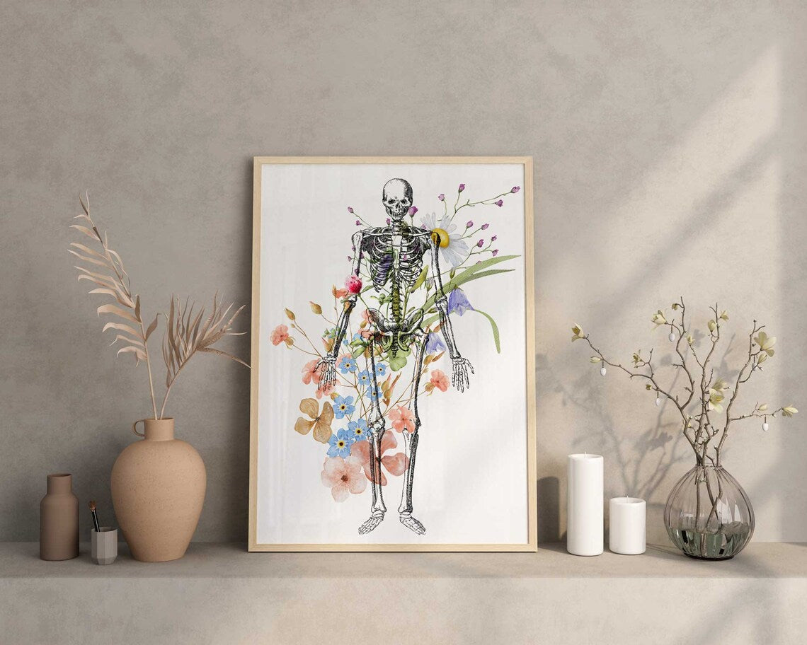 Skeleton Anatomy Art, Floral Medical student gift, Flowers Doctor office decor, Med student art, Human Medical Poster