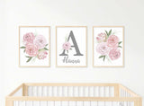 Set of 3 Nursery Name Sign, Girl Personalize Floral Artwork for Bedroom