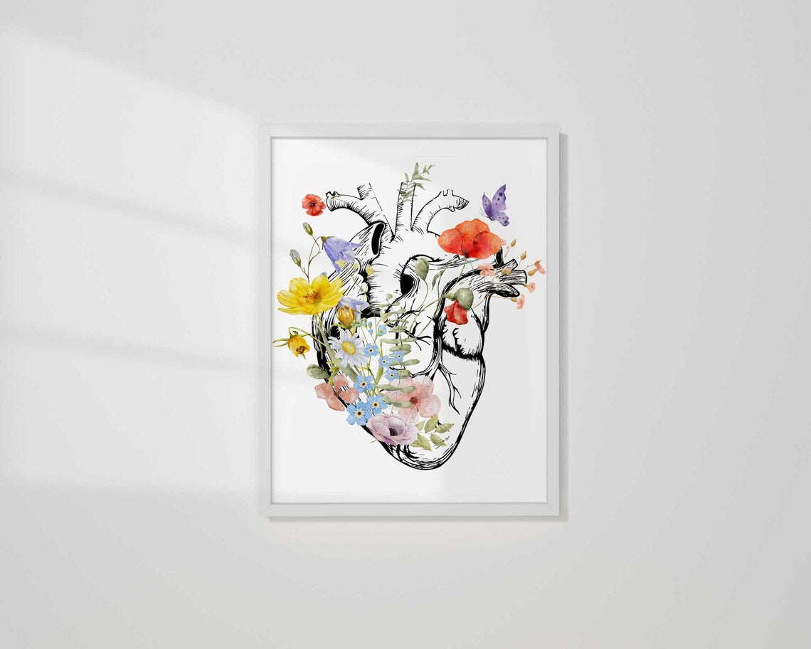 Heart Anatomy Poster, Human Heart Print with flowers, Med student Gift Idea