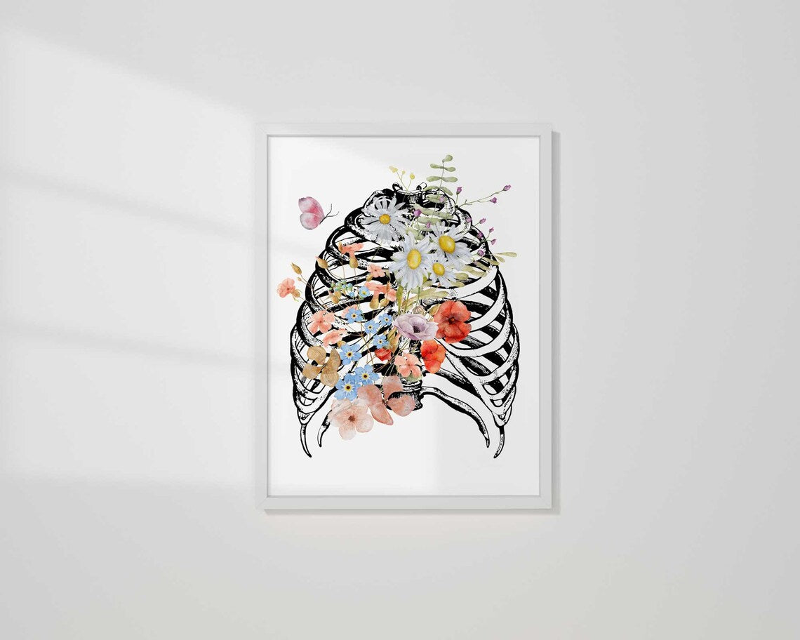 Anatomy Art Print, Rib Cage Poster, Orthopedic Doctor Office Décor, Rib Cage Flowers, Human Thorax Print, Medical Art