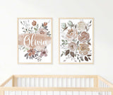 Boho Nursery Name, Floral Personalized Name Print, Boho Nursery Decor Girl, Set of 2 Wall Art, Flowers Kids Room Art Printable, Baby Gifts