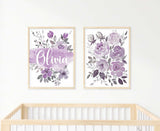 Set of 2 Purple Floral Art Printable, Lilac Custom Name Sign For Nursery Girl