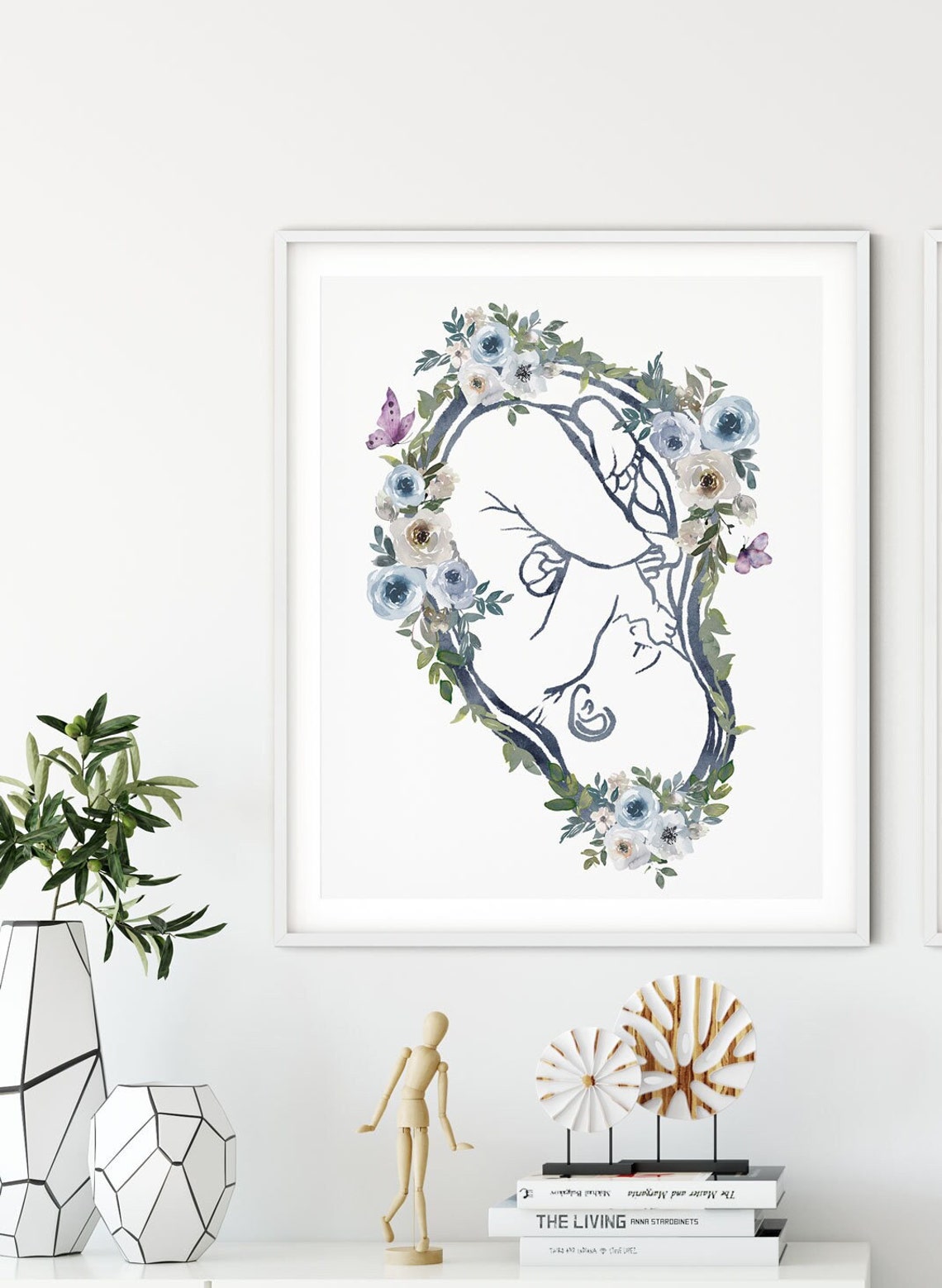 Doula Art Print - Baby in Womb with Placenta and Flowers - Perfect Midwife, Gynecologist Office Decor and Pregnancy Gift