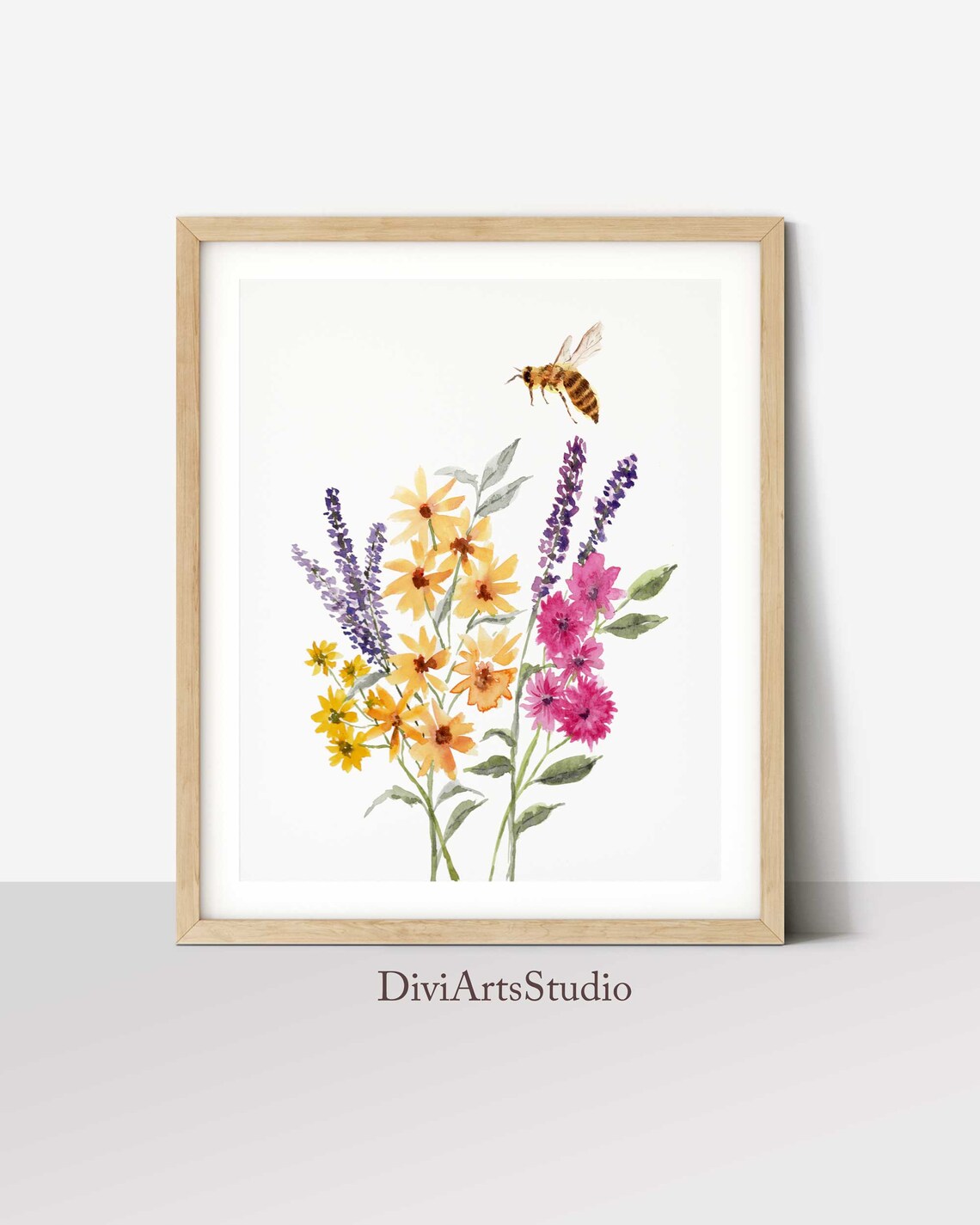 Wildflowers Bees Art Print, Watercolour Honeybee Wildflowers Wall Art