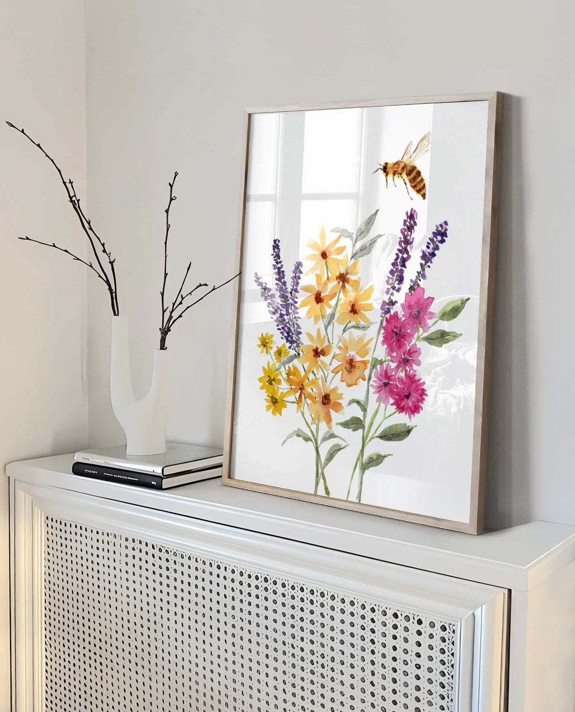 Wildflowers Bees Art Print, Watercolour Honeybee Wildflowers Wall Art