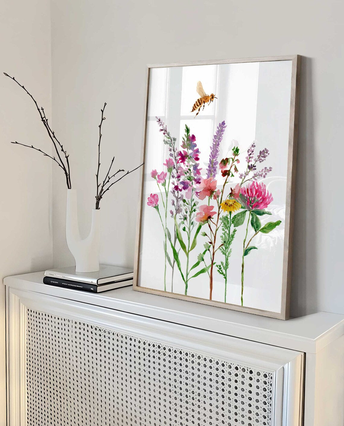 Lavender Wildflowers Bee Art Print, Honeybee Wall Art, Wildflowers Wall Decor, Red clover flowers Watercolour Illustration, Floral Wall Art