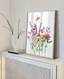 Wildflowers Bee Art Print, Lavender Honeybee Wall Art, Wildflowers Wall Decor, Red clover flowers Watercolour Illustration, Floral Wall Art