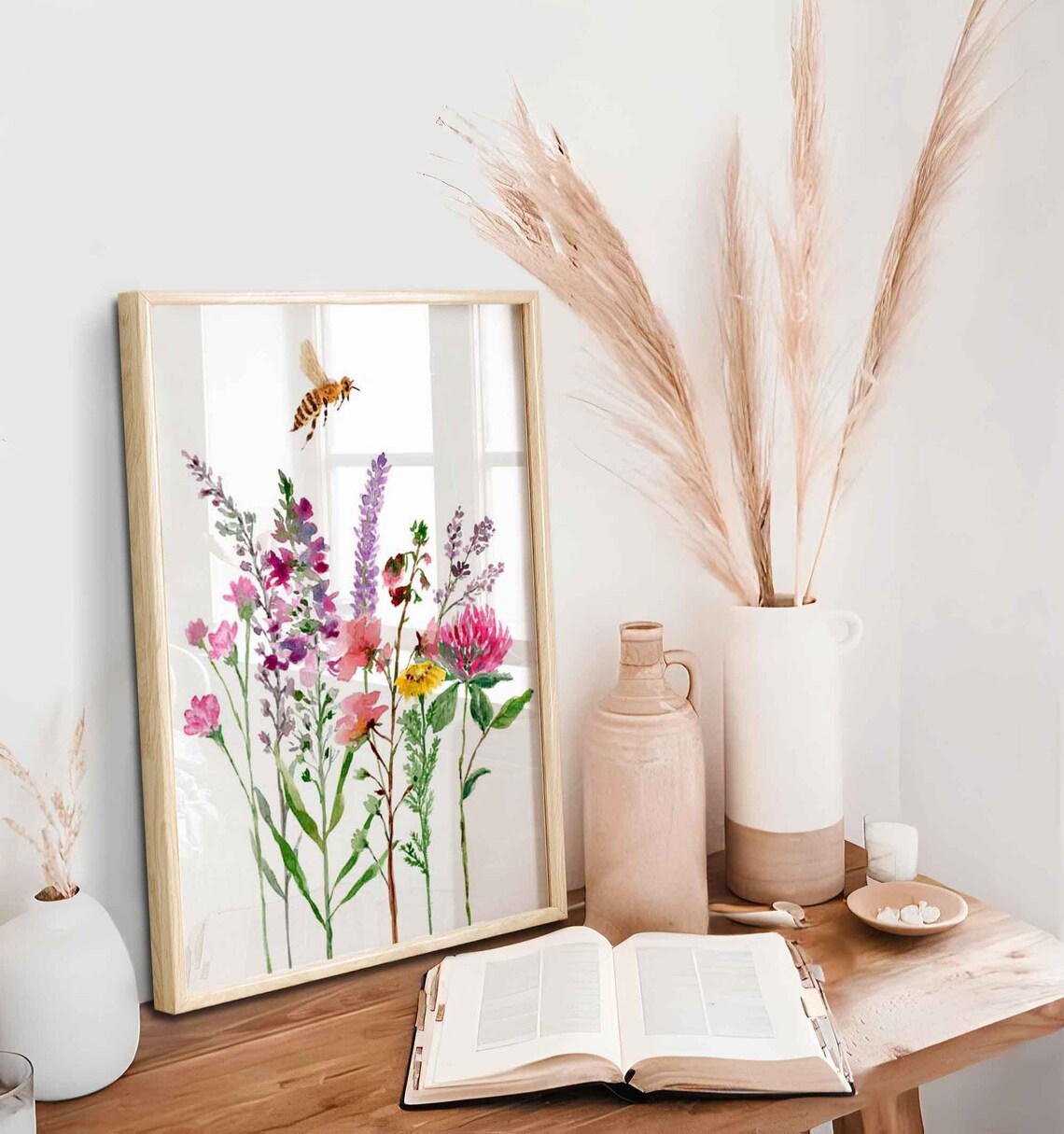 Lavender Wildflowers Bee Art Print, Honeybee Wall Art, Wildflowers Wall Decor, Red clover flowers Watercolour Illustration, Floral Wall Art