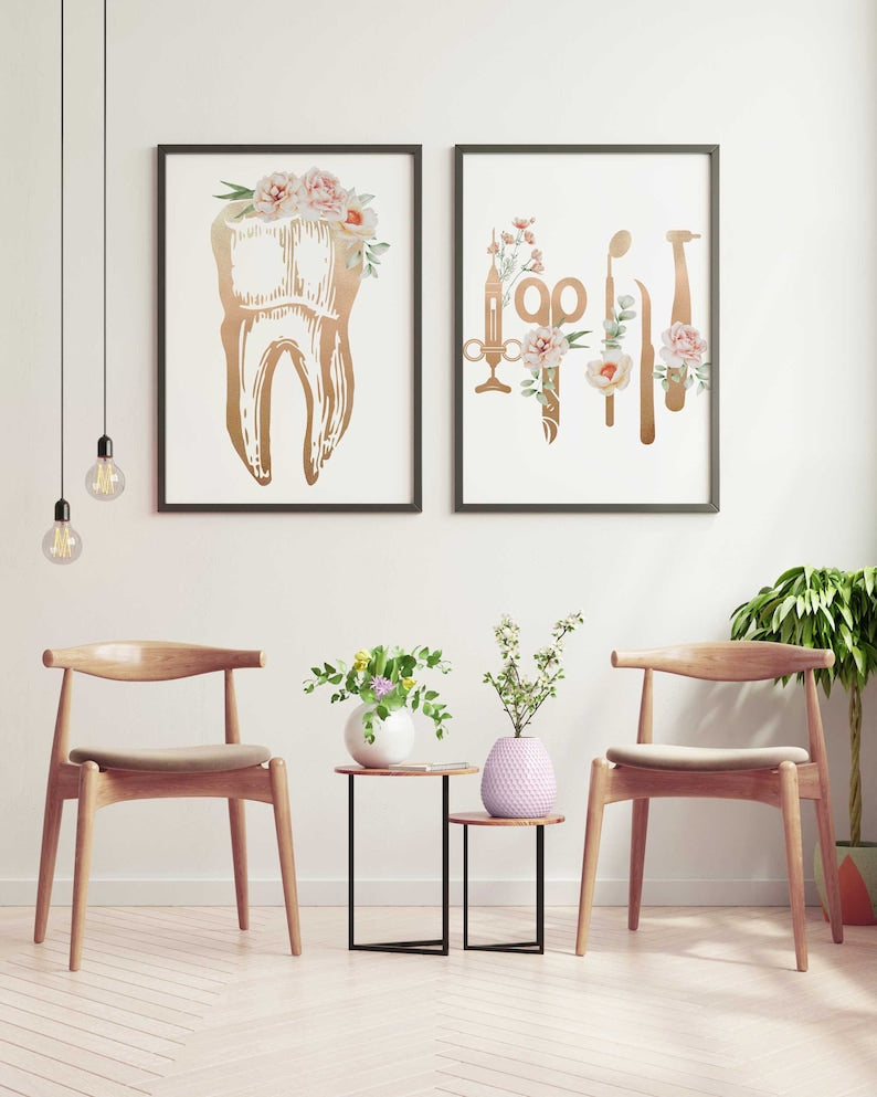 Dentist office decor, Tooth Dental art print, Floral Anatomy teeth print, Dental Hygienist tools, Dentist gifts
