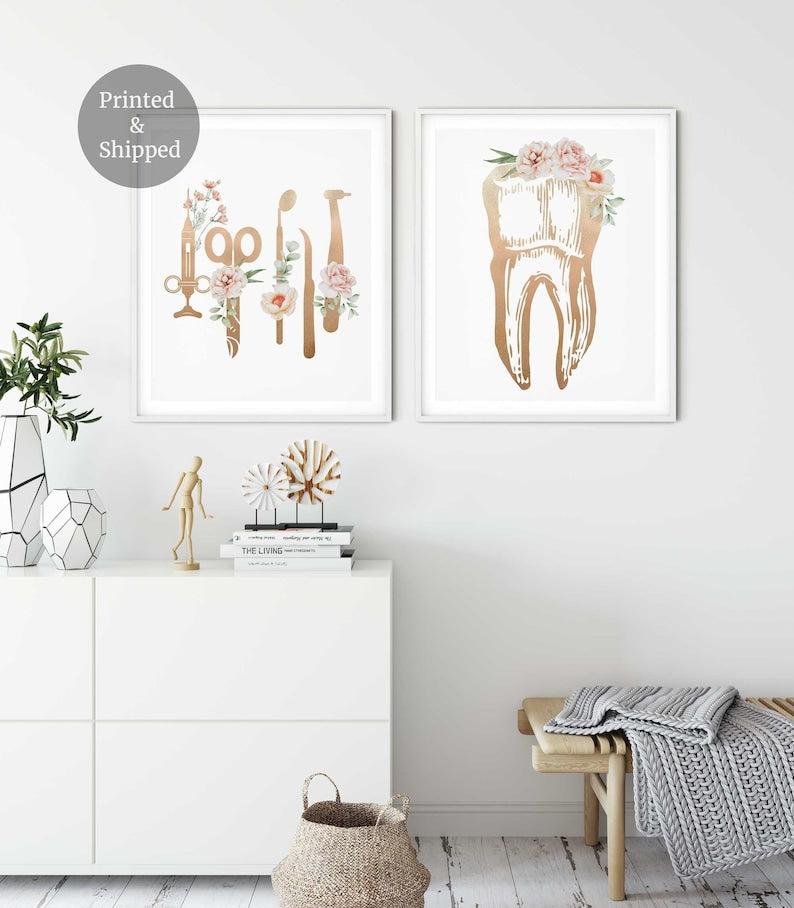Dentist office decor, Tooth Dental art print, Floral Anatomy teeth print, Dental Hygienist tools, Dentist gifts