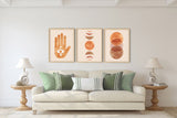 Mid-Century Modern Art Print, Sun moon hand boho Set of 3 Minimalist Prints