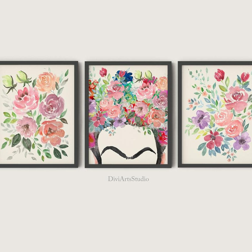 Frida Kahlo Wall Art, Colourful Floral Wall Art Prints Set of 3