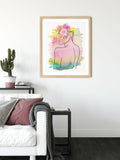 Female Line Art, Pink Woman Illustration Head of Flowers