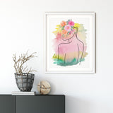 Female Line Art, Pink Woman Illustration Head of Flowers