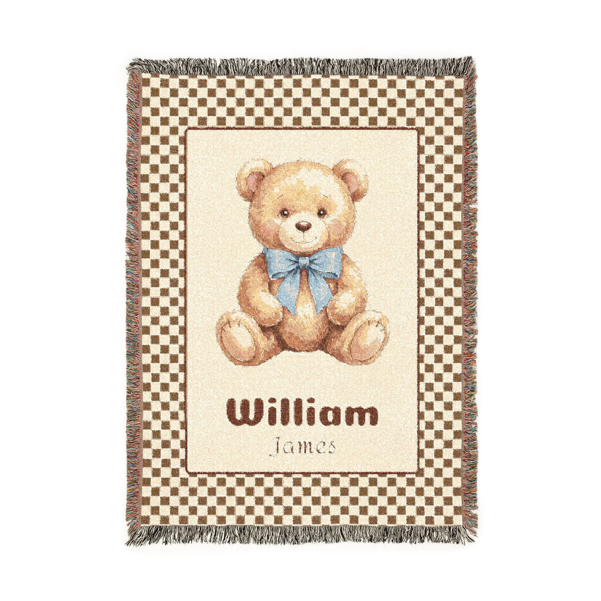Woven teddy blanket with a checked border and fringe Main image