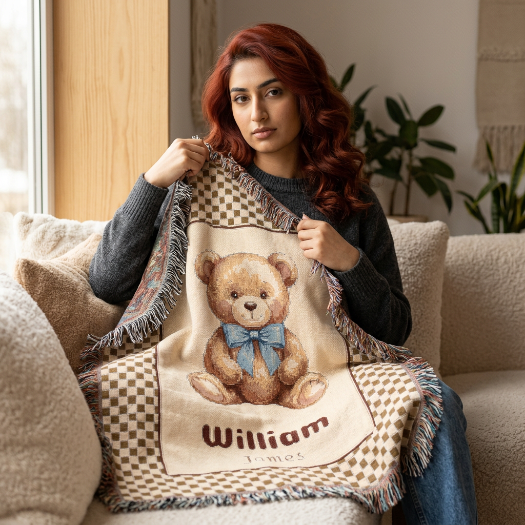 Custom Woven Teddy Bear Baby Blanket Personalized Bear Blanket Nursery Decor,  Newborn Gift, Toddler Birthday Gift, Custom Name Blanket Image principale du produit
