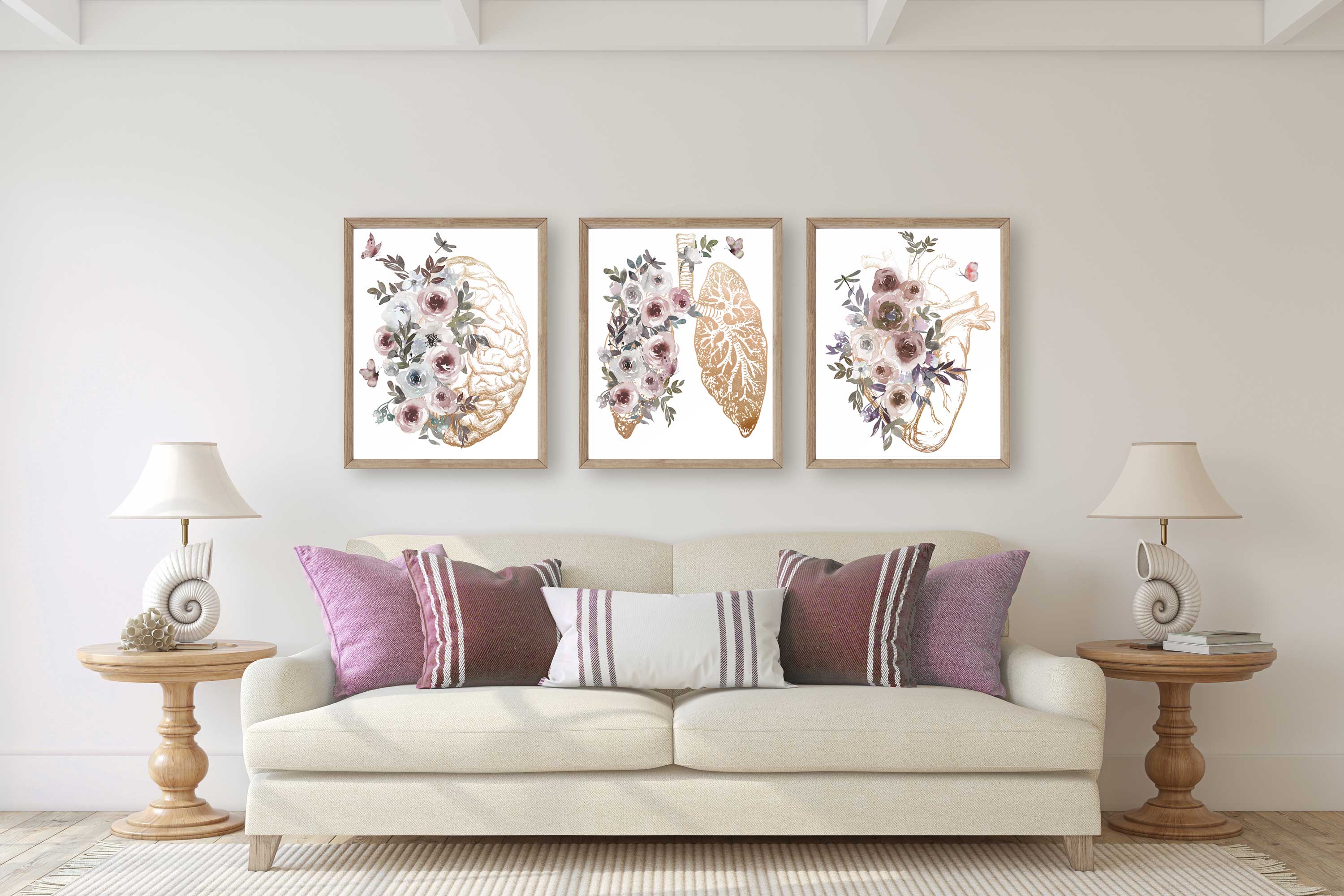 Gold Anatomy Wall Art Set of 3, Brain, Lungs, Heart Medical Art Print