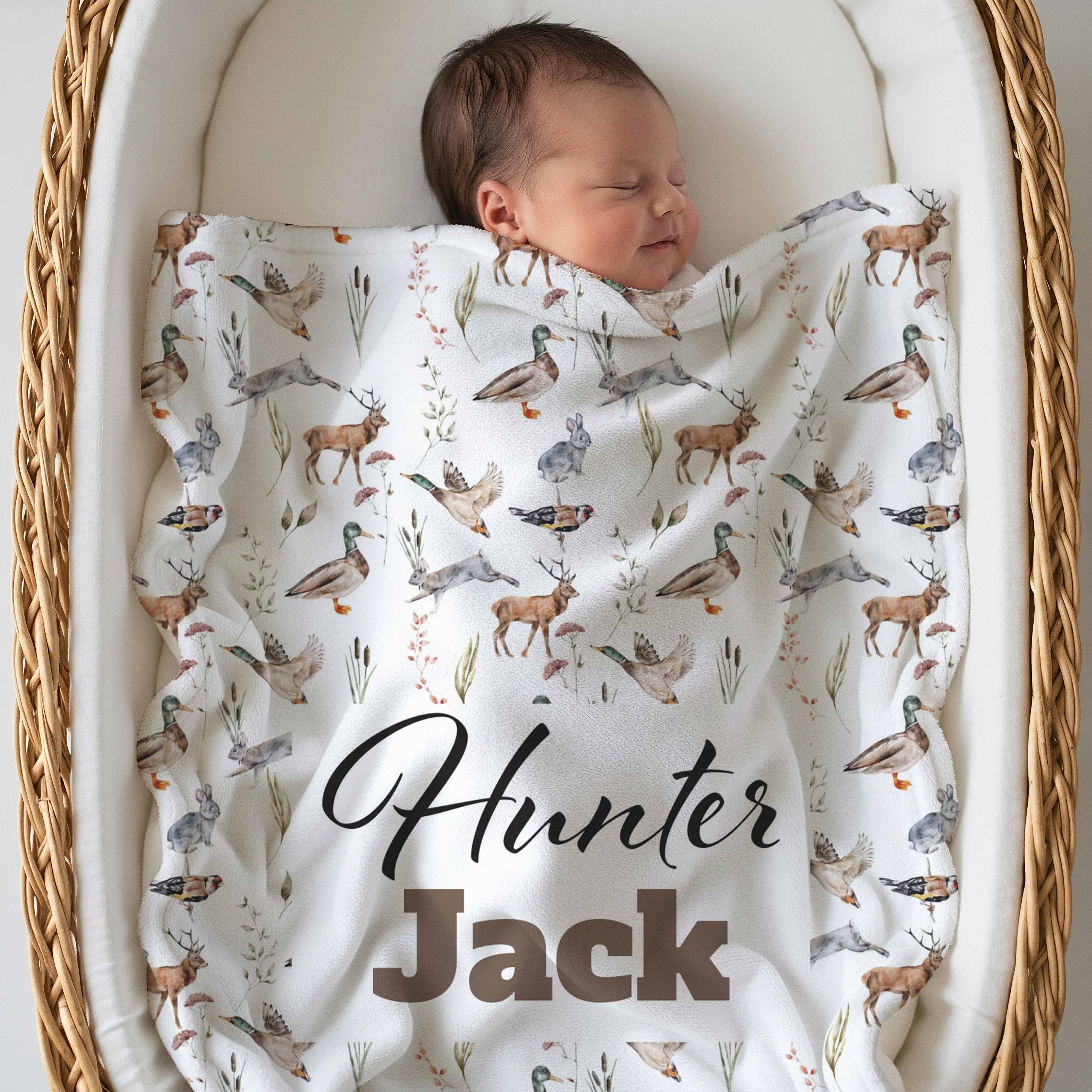 Couverture de chasse, couverture pour bébé garçon, couverture personnalisée avec prénom sur le thème de la chasse, tout-petit garçon, animaux de la forêt, style rustique personnalisé en plein air Image secondaire du produit