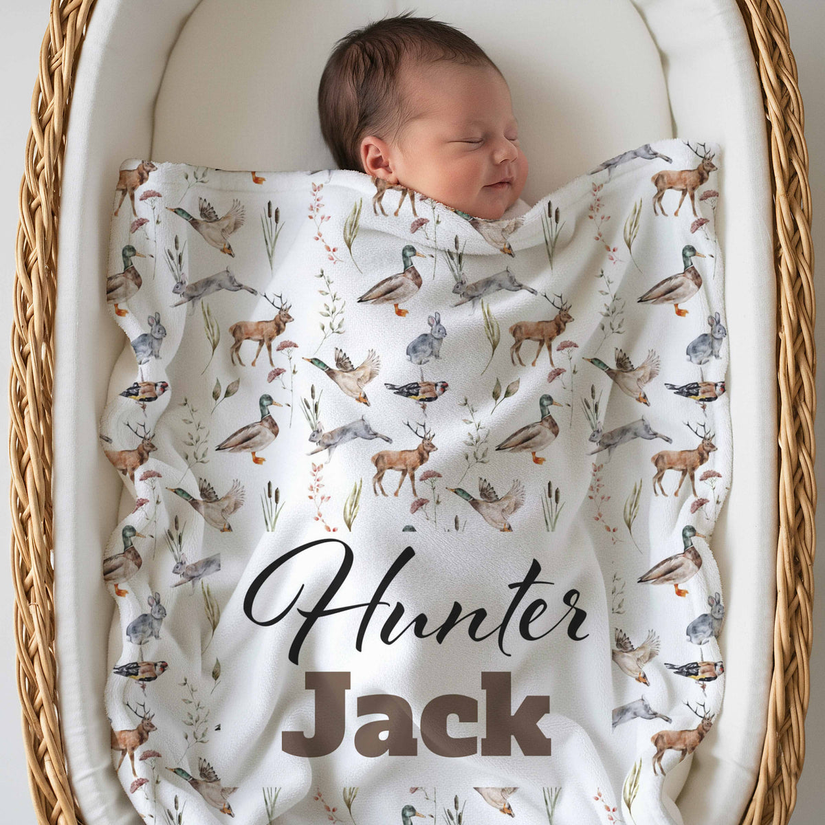 Hunting theme baby blanket personalised with the name Jack
